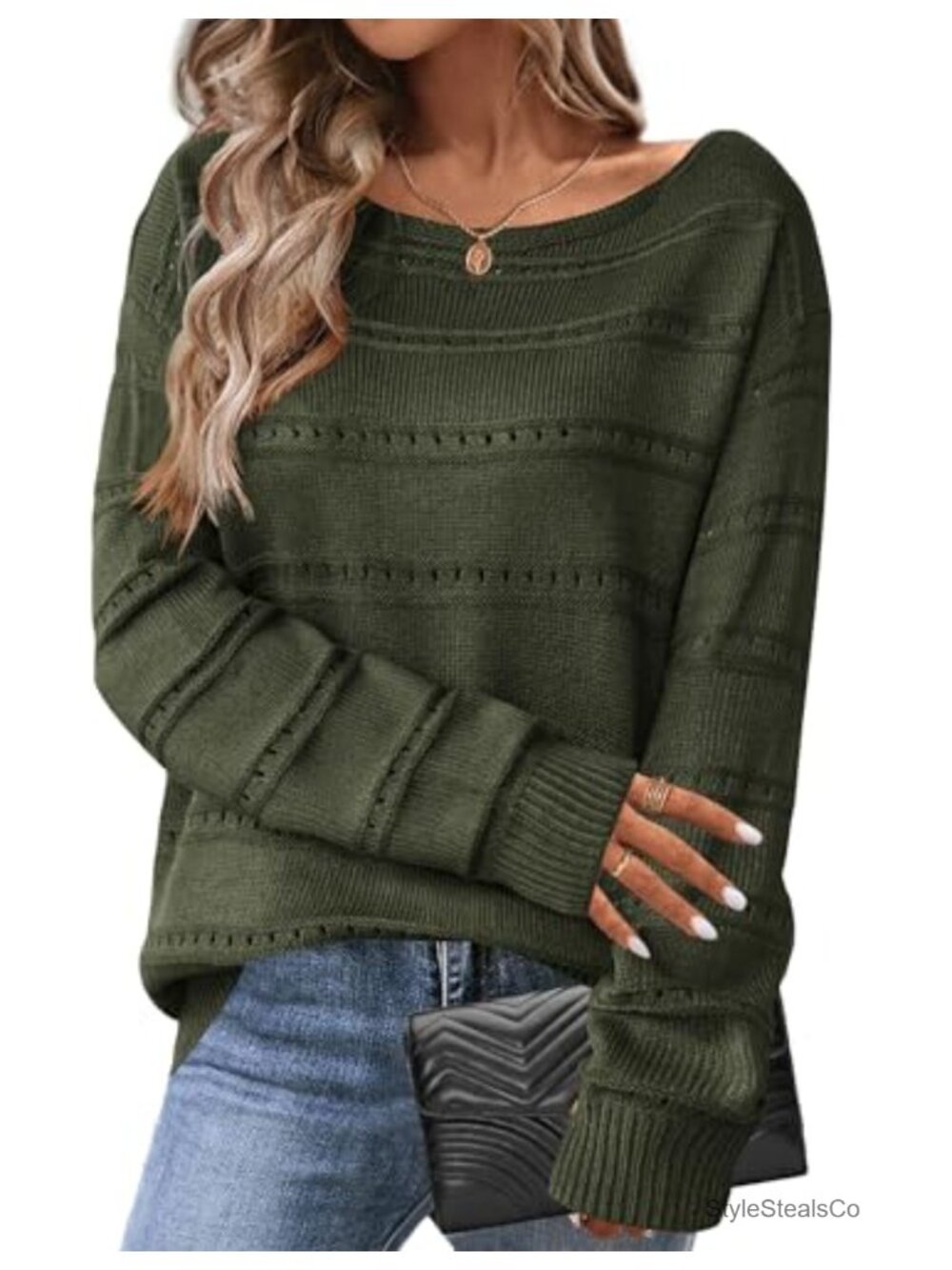Women's Crochet Knit Sweater Long Sleeve Off Shoulder Pullover Boat Neck Loose
